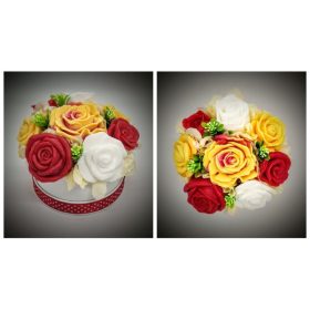   Szappanvirág  csokor - sárga-piros rózsa csokor -  kör dobozban - pöttyös szalaggal