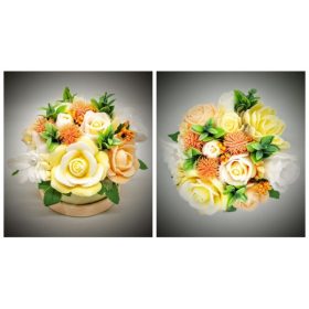   Szappanvirág  csokor - barack-sárga rózsás csokor - kör dobozban barack szalaggal