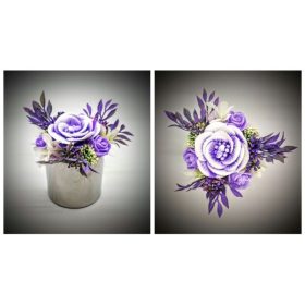 Szappanvirág  csokor - kicsi - lila - ezüst kis kaspóban