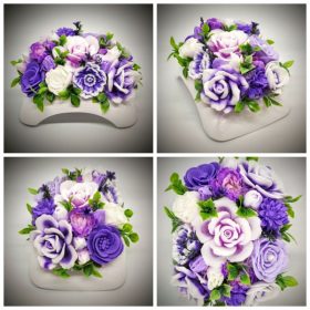   Szappanvirág csokor - nagy - lila csokor - fehér műanyag boltíves tálban