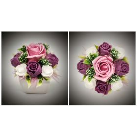   Szappanvirág  csokor - lilás-mályvás csokor - fehér kocka kaspóban