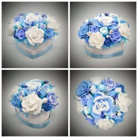   Szappanvirág csokor - nagy - kék-fehér csokor - szív alakú dobozban