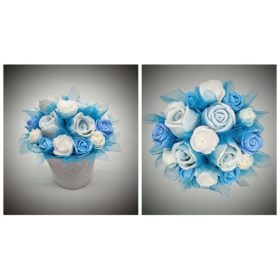   Szappanvirág  csokor - kicsi - kék - fehér - csillámos fehér műanyag kis kaspóban 1.