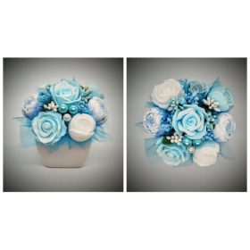   Szappanvirág  csokor - kék-fehér csokor - fehér kocka kaspóban 2.