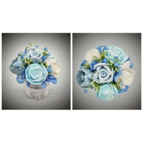   Szappanvirág  csokor - kék-fehér csokor - ezüst kis kaspóban 3.