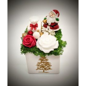   Szappanvirág  csokor - kicsi - kerámia mikulással - fehér kis kaspóban