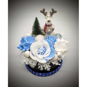   Szappanvirág  csokor - kerámia szarvassal - fekete kör dobozban