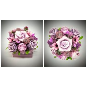   Szappanvirág  csokor - lilás-mályvás rózsacsokor - gyöngyház lila kocka dobozban