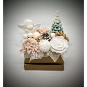   Szappanvirág  csokor - karácsonyi - manóval - arany színű kis dobozban