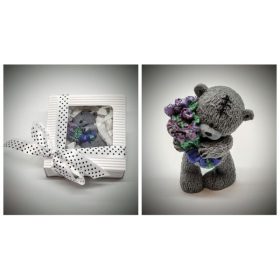   Szappan - nagy szürke maci - lila virággal -  díszdobozban