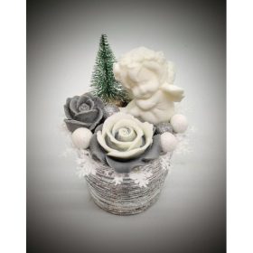   Szappanvirág angyalka - szürke-fehér rózsával - ezüst színű kis kaspóban 1.