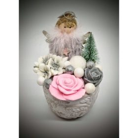   Szappanvirág  csokor - karácsonyi - angyalka - rózsaszín rózsával - kő kaspóban