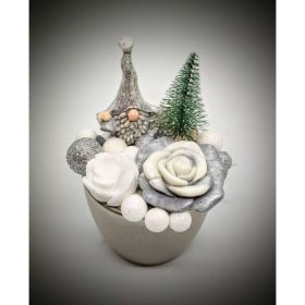   Szappanvirág  csokor - karácsonyi - szürke manóval - pezsgő színű kis kaspóban