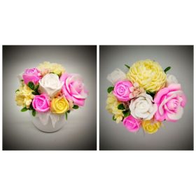   Szappanvirág - sárga-rózsaszín-fehér szappancsokor - fehér kaspóban