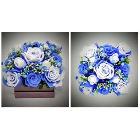   Szappanvirág  csokor - kék csokor - gyöngyház lila kocka dobozban