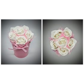   Szappanvirág  csokor - fehér szappanrózsák - rózsaszín fém vödörben