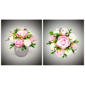   Szappanvirág  csokor - rózsaszín rózsa csokor - ezüst kaspóban