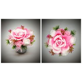   Szappanvirág  csokor - rózsaszín rózsa csokor - zöld díszítéssel - ezüst csillámos műanyag kaspóban 1.