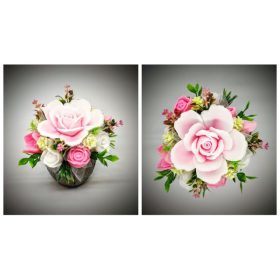   Szappanvirág  csokor - rózsaszín rózsacsokor- kis faerezet mintás kőkaspóban