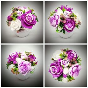   Szappanvirág  csokor - fukszia színű vegyes csokor- közepes fehér kaspóban