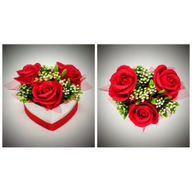   Szappanvirág  csokor - kicsi piros szappanrózsa csokor - fehér szív alakú dobozban