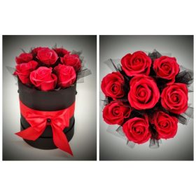  Szappanvirág  csokor - nagy piros szappanrózsa csokor - fekete nagy henger dobozban