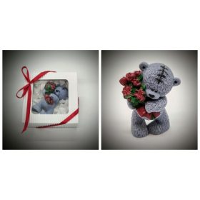 Szappan - szürke maci - piros virággal - díszdobozban