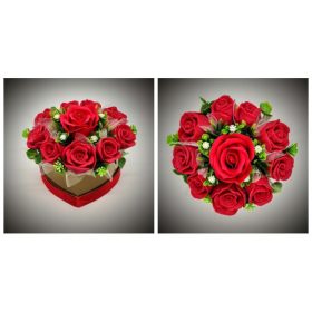   Szappanvirág  csokor - piros rózsa csokor - arany szív alakú dobozban
