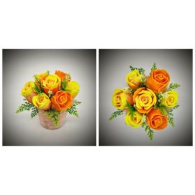   Szappanvirág  csokor - sárga-narancs rózsa csokor - kicsi rosegold kaspóban