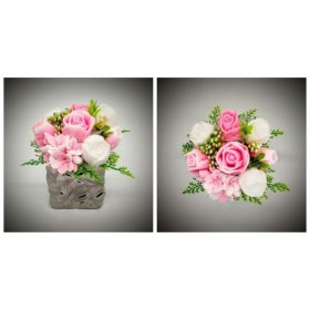   Szappanvirág  csokor - rózsaszín csokor - ezüst kocka kaspóban