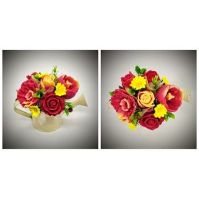   Szappanvirág  csokor - piros-sárga csokor - vajszínű locsolókannában - kis méret