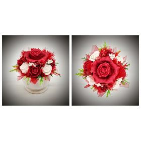   Szappanvirág  csokor - piros rózsa csokor - fehér kaspóban