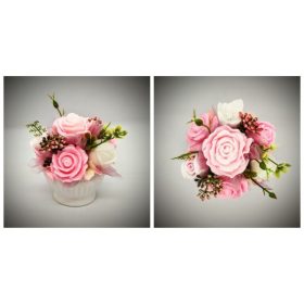   Szappanvirág  csokor - rózsaszín rózsacsokor - kis fehér kaspóban 