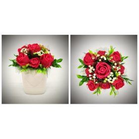   Szappanvirág  csokor - piros rózsa csokor - fehér sziv mintás kocka kaspóban