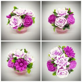   Szappanvirág  csokor - fukszia - fehér csokor - kis rózsaszín kaspóban