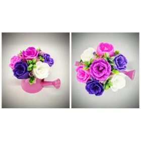   Szappanvirág csokor - rózsaszín - lila tulipán csokor - katicával -  rózsaszín locsolókannában - közepes méret - 2.