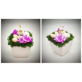   Szappanvirág - Húsvéti csokor - rózsaszín - fehér nyuszival - fehér kocka kaspóban 1.