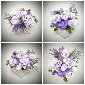   Szappanvirág csokor - lila-fehér csokor - közepes fehér kocka kaspóban