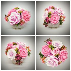   Szappanvirág  csokor - rózsaszín - fehér csokor - közepes fehér kör kaspóban - 2.