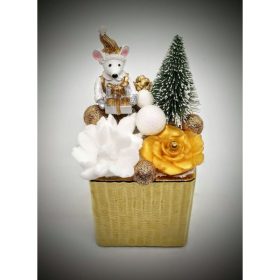   Szappanvirág  csokor - karácsonyi - arany egérkével - arany kocka kaspóban 1.