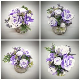   Szappanvirág csokor - lila-fehér csokor - kis kőkaspóban - 2.