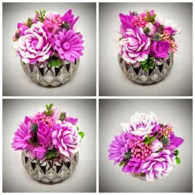   Szappanvirág  csokor - fukszia színű csokor - ezüst bordázott kaspóban