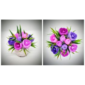   Szappanvirág  csokor - lilás tulipán csokor - fehér kőkaspóban