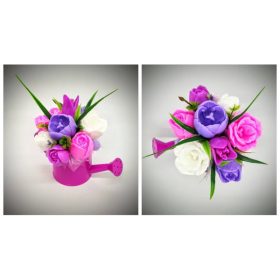   Szappanvirág csokor - rózsaszín - lila tulipán csokor - fukszia színű locsolókannában - közepes méret - 1.