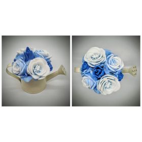   Szappanvirág  csokor - kék - fehér csokor - vajszínű locsolókannában - közepes méret