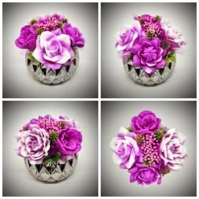   Szappanvirág  csokor - fukszia színű csokor - ezüst bordázott kaspóban -2.