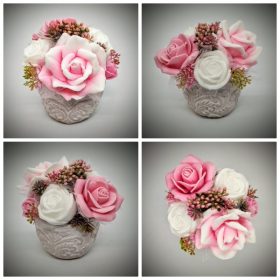   Szappanvirág  csokor - rózsaszín rózsacsokor - kis fehér kőkaspóban