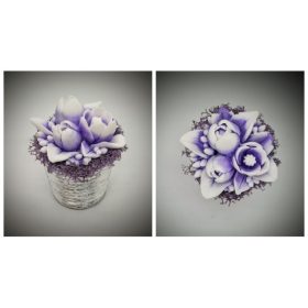   Szappanvirág csokor - lila tulipán csokor - ezüst színű kis kaspóban