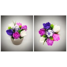   Szappanvirág  csokor - lila vegyes tulipán csokor  - kis pezsgő kaspóban - 1.