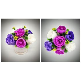   Szappanvirág  csokor - lila-fukszia-fehér tulipán csokor - fehér kis kehely kaspóban - 3.